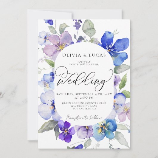 Paarse Blauwe Lente Alles in 1 Budget QR Bruiloft Kaart (Voorkant)