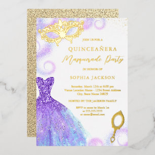Paarse Blauwe Maskerade Feestjurk Quinceanera Folie Uitnodiging