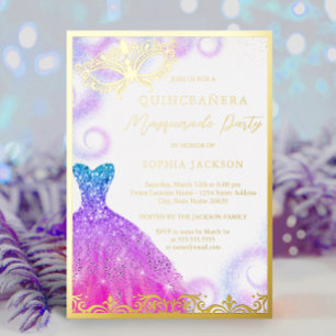 Paarse Blauwe Maskerade Feestjurk Quinceanera  Folie Uitnodiging
