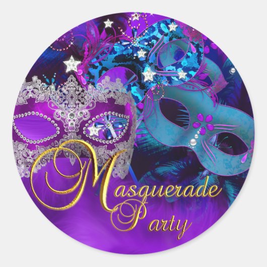 Paarse & Blauwe Maskers Maskerade Party Sticker (Voorkant)