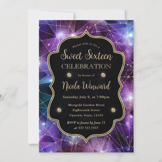 Paarse & Blauwe Midnight Crystal Galaxy Sweet 16 Kaart (Voorkant)