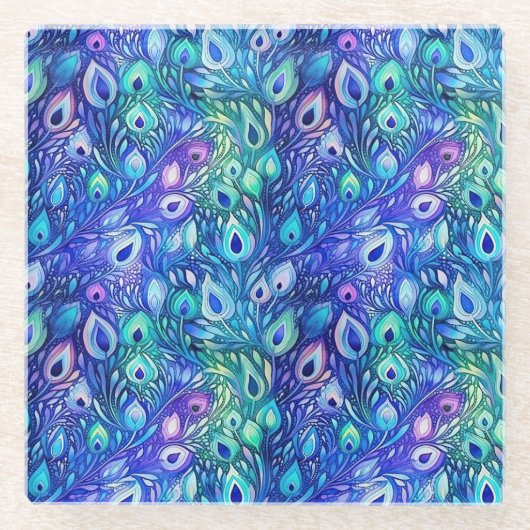 Paarse Blauwe Mint Peacock Feathers Glazen Onderzetter (Voorkant)