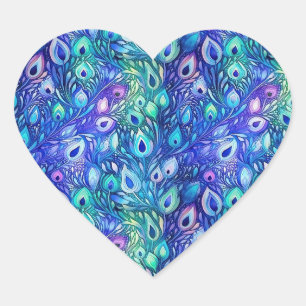 Paarse Blauwe Mint Peacock Feathers Hart Sticker