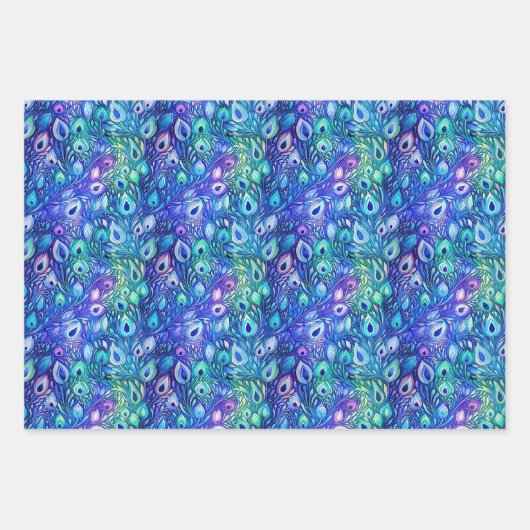 Paarse Blauwe Mint Peacock Feathers Inpakpapier Vel (Voorkant)