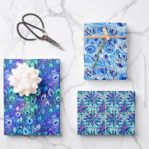 Paarse Blauwe Mint Peacock Feathers Inpakpapier Vel