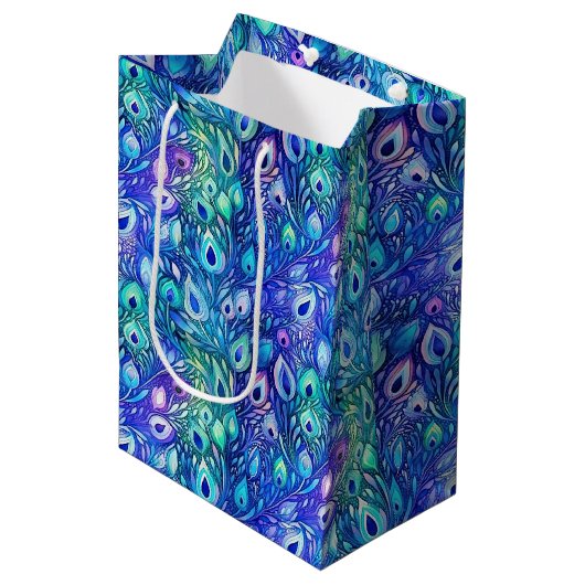 Paarse Blauwe Mint Peacock Feathers Medium Cadeauzakje (Voorkant Gekanteld)