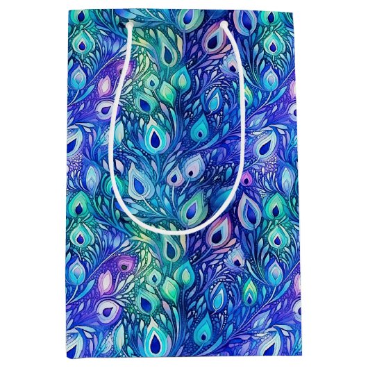 Paarse Blauwe Mint Peacock Feathers Medium Cadeauzakje (Voorkant)