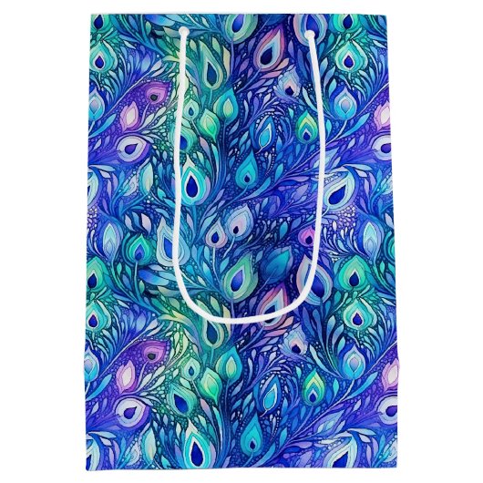 Paarse Blauwe Mint Peacock Feathers Medium Cadeauzakje (Achterkant)