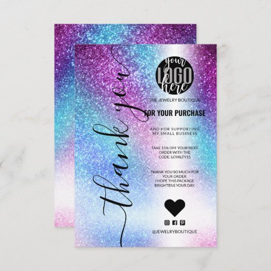 Paarse blauwe nebula Galaxy Glitter Order Hartelij Bedankkaart (Voorkant / Achterkant)