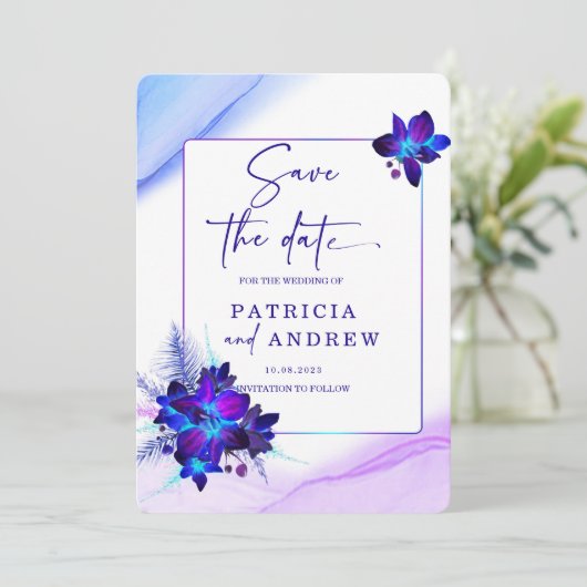 Paarse blauwe orchidee bruiloft Save the Date Invi Kaart (Staand voorkant)