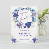 Paarse blauwe orchidee bruiloft Save the Date Invi Kaart (Staand voorkant)