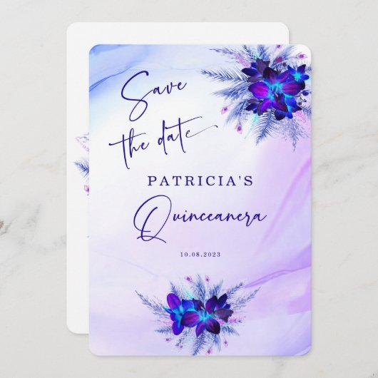 Paarse blauwe orchidee Quinceañera Sla de datum op Kaart (Voorkant / Achterkant)