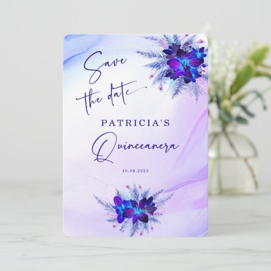 Paarse blauwe orchidee Quinceañera Sla de datum op Kaart (Staand voorkant)