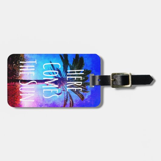 Paarse Blauwe Palmboom Hier komt de Zon Bagagelabel (Voorkant horizontaal)