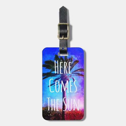Paarse Blauwe Palmboom Hier komt de Zon  Bagagelabel (Voorkant verticaal)