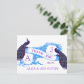 Paarse, Blauwe Pauw bruiloft Bedankt Briefkaart (Staand voorkant)