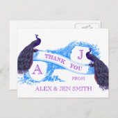 Paarse, Blauwe Pauw bruiloft Bedankt Briefkaart (Voorkant / Achterkant)