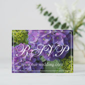 Paarse blauwe periwinkle hydrangeas rsvp save the date (Staand voorkant)