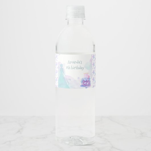 Paarse Blauwe Prinses Meisje Verjaardagsfeestje Waterfles Etiket (Voorkant)