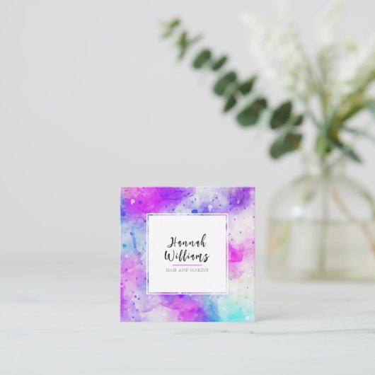 Paarse & Blauwe QR Code Kleurrijke Waterverf Patro Vierkante Visitekaartje (Staand voorkant)