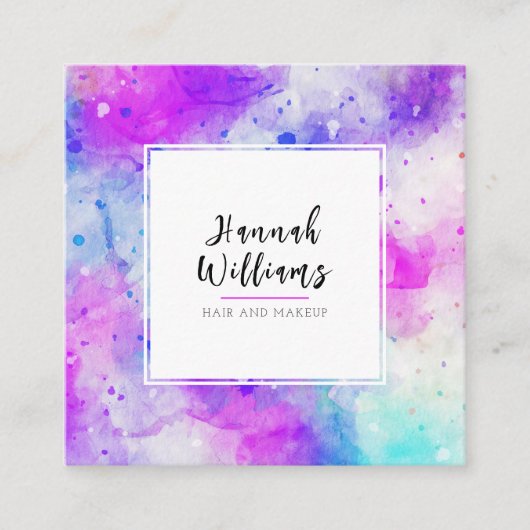 Paarse & Blauwe QR Code Kleurrijke Waterverf Patro Vierkante Visitekaartje (Voorkant)