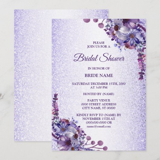 Paarse Blauwe Roze Bloem Glitter Bruidsdouche Kaart (Voorkant / Achterkant)