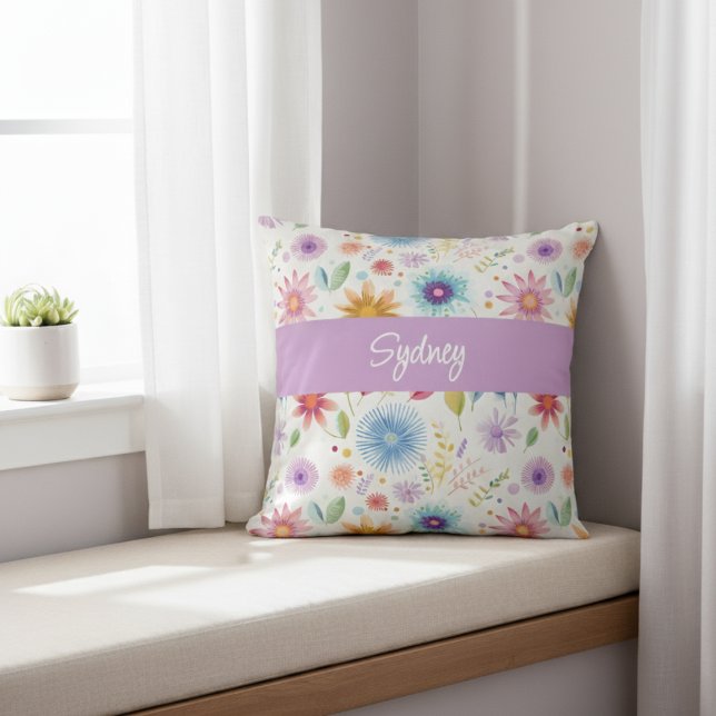 Paarse Blauwe Roze Boho Wilde Bloem Gepersonalisee Kussen (Creator heeft geüpload)
