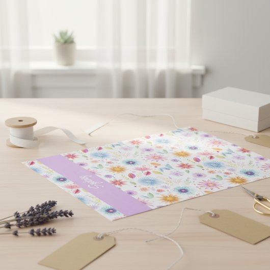 Paarse Blauwe Roze Boho Wilde Bloem Gepersonalisee Tissuepapier