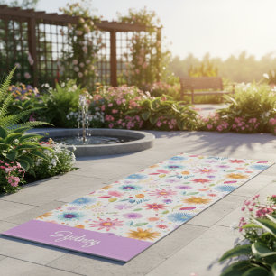 Paarse Blauwe Roze Boho Wilde Bloem Gepersonalisee Yogamat