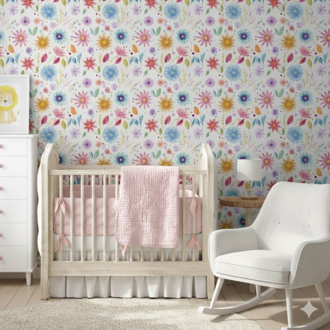 Paarse Blauwe Roze Boho Wildflower Behang (Creator heeft geüpload)