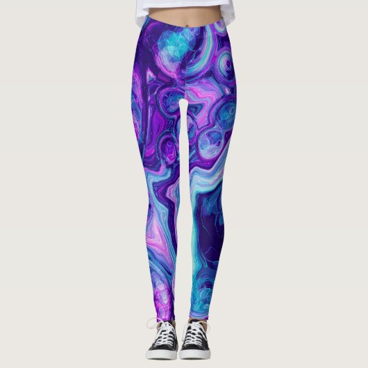 Paarse, blauwe, roze Bokeh Marmer Fluid Art Leggings (Voorkant)