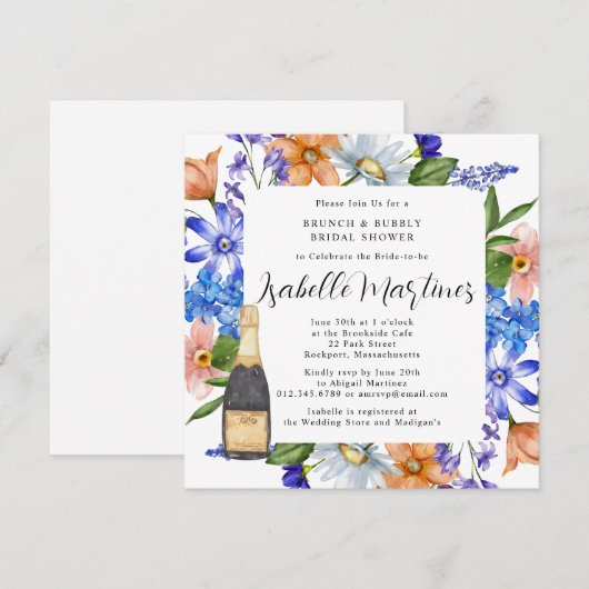 Paarse Blauwe Roze Floral Brunch & Bubble Shower Kaart (Voorkant / Achterkant)