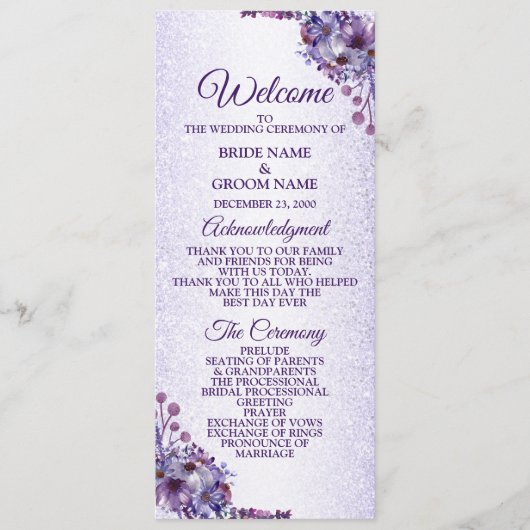 Paarse blauwe roze Floral Glitter Elegant Wedding Programmakaart (Voorkant)