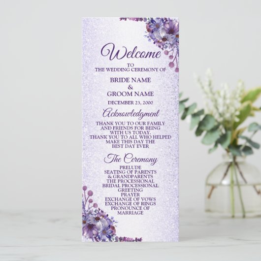 Paarse blauwe roze Floral Glitter Elegant Wedding Programmakaart (Staand voorkant)