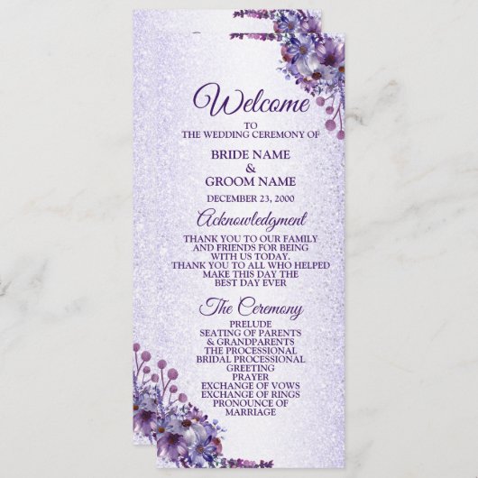 Paarse blauwe roze Floral Glitter Elegant Wedding Programmakaart (Voorkant / Achterkant)