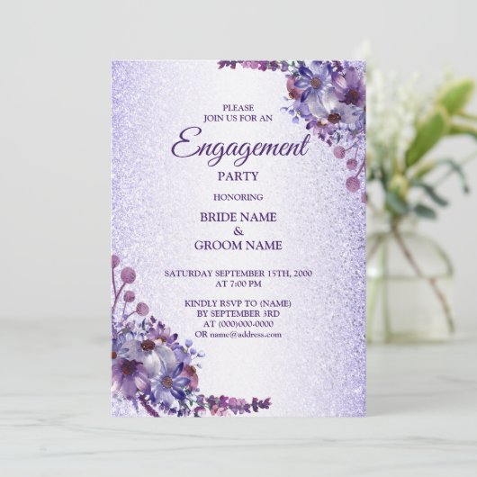 Paarse Blauwe Roze Floral Glitter Engagement Party Kaart (Staand voorkant)
