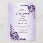 Paarse Blauwe Roze Floral Glitter Engagement Party Kaart (Voorkant / Achterkant)