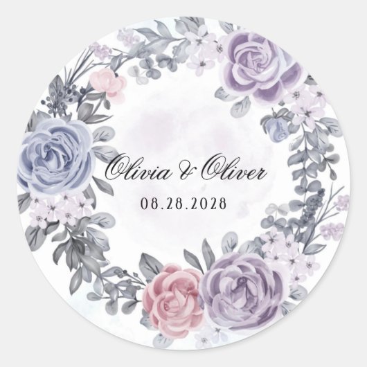 Paarse blauwe roze Floral Wreath Wedding Ronde Sticker (Voorkant)