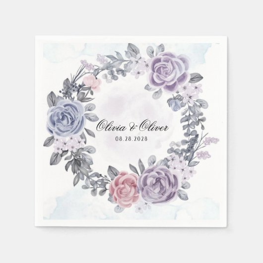 Paarse blauwe roze Floral Wreath Wedding Servet (Voorkant)