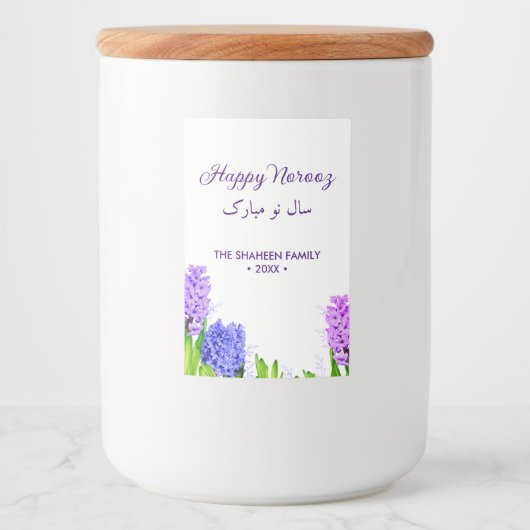 Paarse blauwe roze Happy Noroz Hyacinth Flowers Voedselcontainer Etiket (Voorkant)
