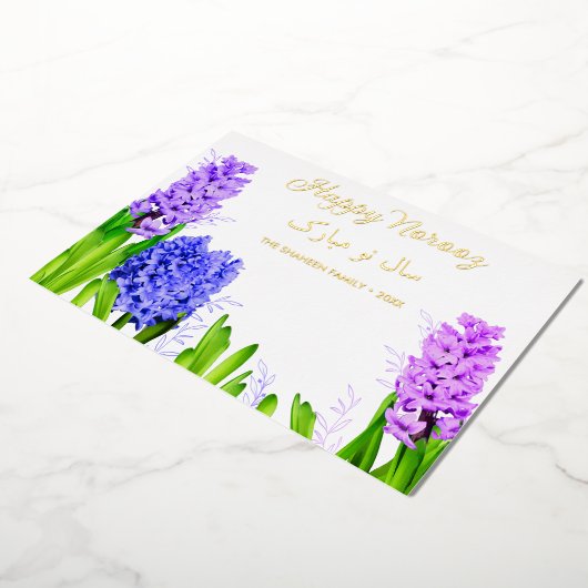 Paarse Blauwe Roze Hyacint Gelukkige Norooz Bloeme Folie Feestdagenkaart (Gedraaid)