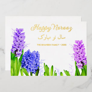 Paarse blauwe roze hyacinth Happy Norooz Flowers Folie Feestdagenkaart