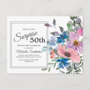 Paarse blauwe roze Waterverf Floral 50e verjaardag Briefkaart