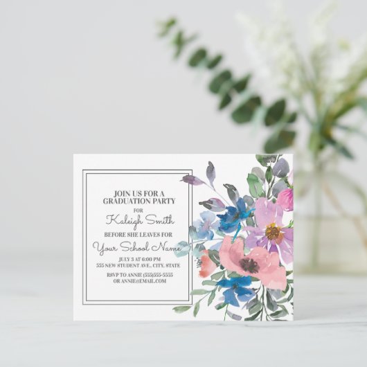 Paarse blauwe roze Waterverf Floral Afstuderen Briefkaart (Staand voorkant)