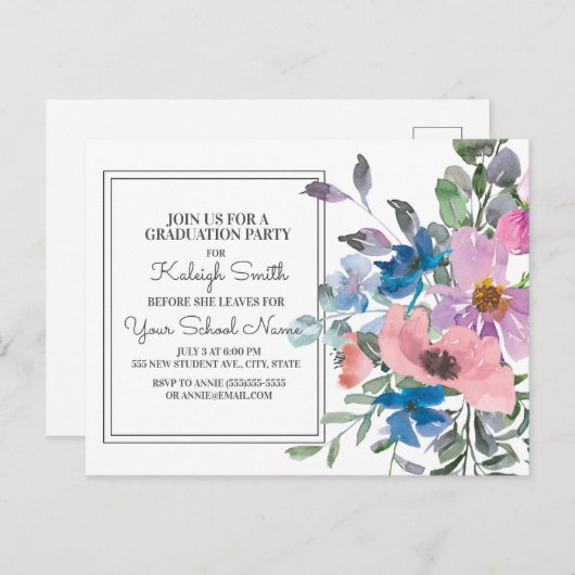 Paarse blauwe roze Waterverf Floral Afstuderen Briefkaart (Voorkant / Achterkant)