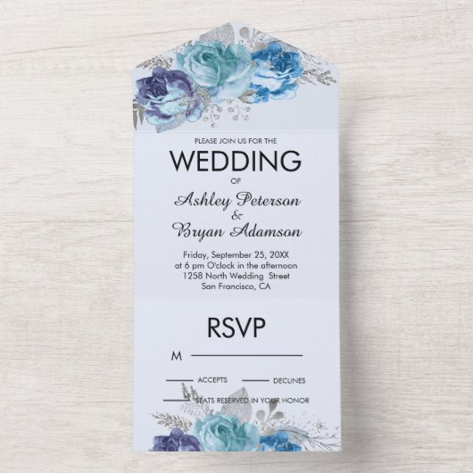 Paarse & Blauwe Rozen All In One Trouw Uitnodigin All In One Uitnodiging (Binnen)