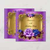 Paarse Blauwe Rozen Gold Elegant Birthday Party Kaart (Voorkant / Achterkant)