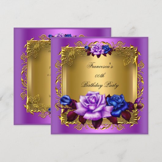 Paarse Blauwe Rozen Gold Elegant Birthday Party Kaart (Voorkant / Achterkant)
