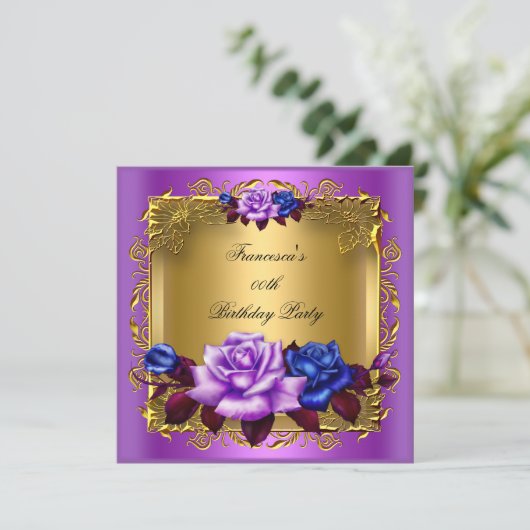 Paarse Blauwe Rozen Gold Elegant Birthday Party Kaart (Staand voorkant)