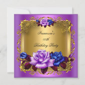 Paarse Blauwe Rozen Gold Elegant Birthday Party Kaart (Voorkant)